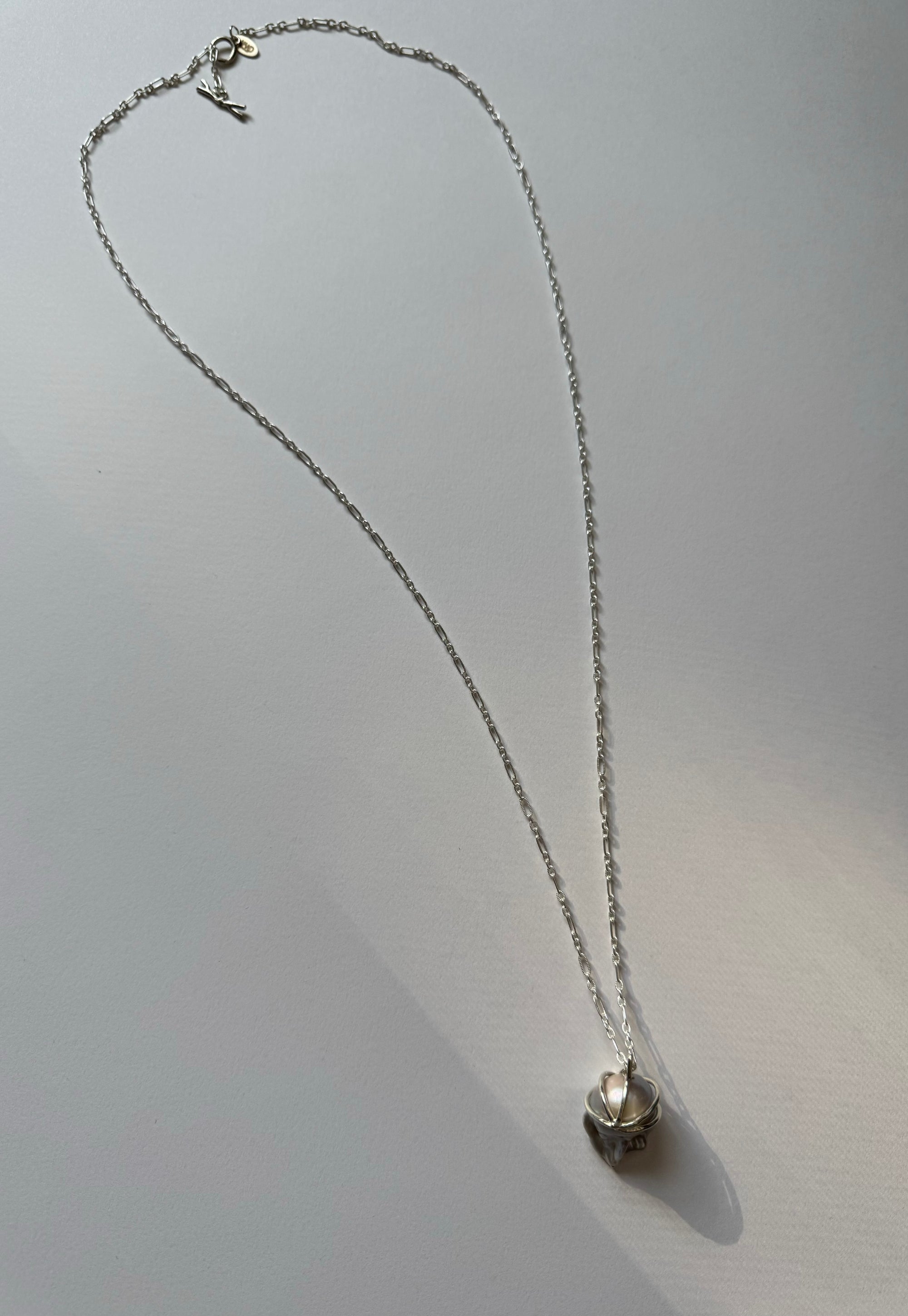 Athena baroque pearl necklace with crown-like sculpt, handcrafted from recycled 935 Argentium silver and with a sterling silver chain